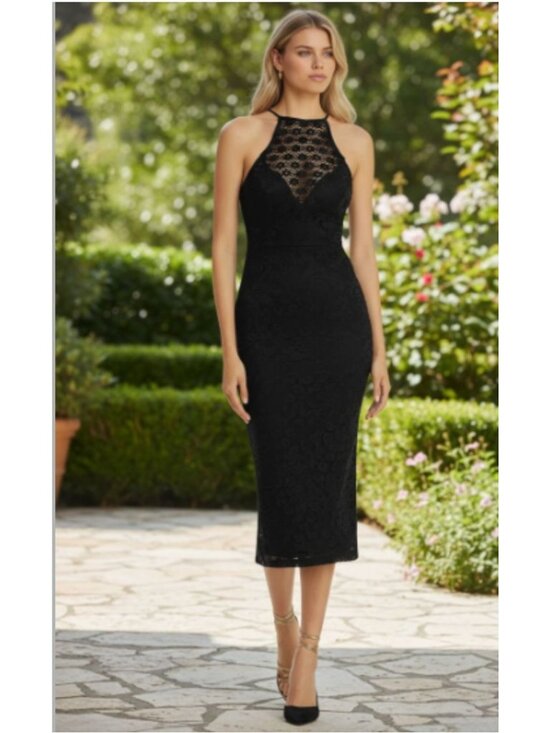 Bardot Dresses & Skirts - Bardot Lace Halter Neck Midi Dress Black Sleeveless Sheath Evening Cocktail Wome